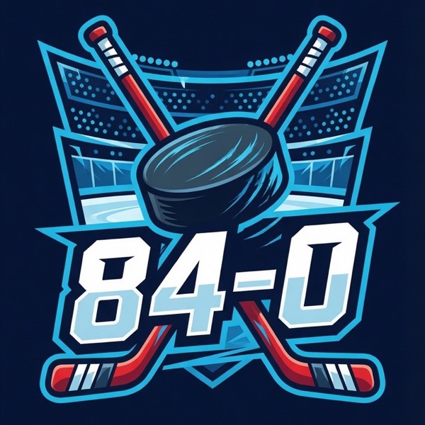 84-0 hockey logo — crossed sticks, puck and arena crest